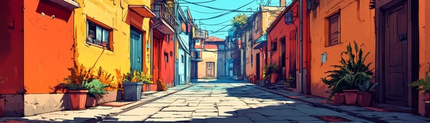 Fototapeta premium Colorful Italian Alleyway with Cobblestone Street and Potted Plants