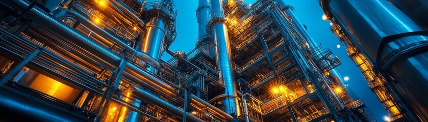 Fototapeta premium Industrial Pipes and Towers at Night