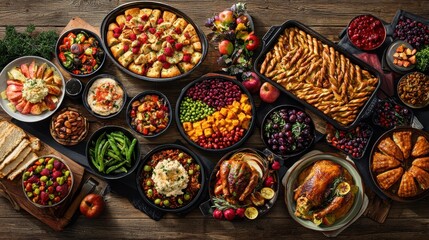 Fototapeta premium An overhead shot of a Thanksgiving spread with a focus on colorful vegan dishes and traditional favorites on a table with a dark rustic wood grain pattern