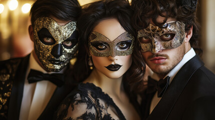 Halloween  Masquerade Ball Celebration, attendees in elegant costumes and celebrity-inspired masks revel in a lavish hotel setting filled with festive decor and enchanting ambiance