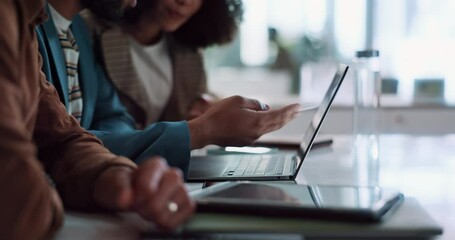 Business people, laptop and meeting in collaboration for planning, idea or project strategy at office. Group, creative employees and computer for discussing proposal with teamwork and brainstorming