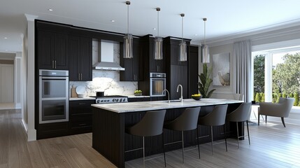 Obraz premium Contemporary open-concept kitchen with dark cabinetry, marble countertops, and an oversized island with built-in sink and cooktop.