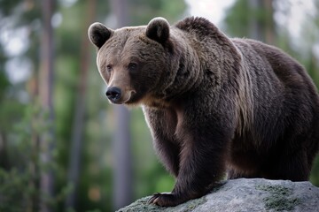 Grizzly bear sitting on a rock in a Finnish forest. Furry brown bear with sharp claws and teeth. Blurry green forest background. Wild animal in natural habitat.
