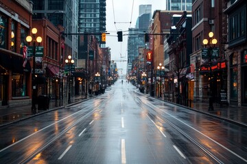 Obraz premium A deserted downtown area, formerly bustling with commerce, now empty and silent, depicting the economic devastation