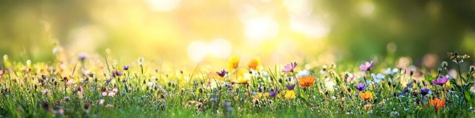 A field of colorful wildflowers in full bloom with a bright sun shining in the background.