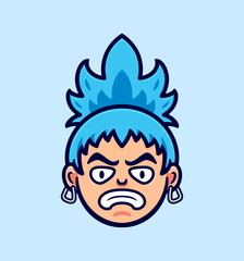 Cartoon Vector Illustration of an Angry Character with Blue Hair and Earrings, Expressing Emotion through Bold Facial Features