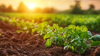 A vibrant scene of fresh green crops growing in rich soil under a golden sunset, embodying the beauty of agriculture and nature.