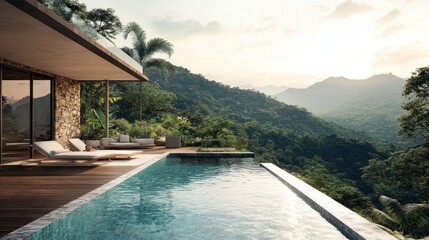 Infinity pool on a hillside property, offering panoramic views of mountains and forests, with a modern deck.