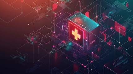 Fototapeta premium Health data visualization in 3D form, floating above a dark gradient background with intricate tech-inspired geometric designs