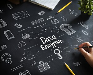 The phrase "Data Encryption" written on a blackboard with a chalk-drawn key and lock