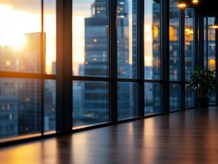Fototapeta premium A beautifully blurred modern office interior with floortoceiling windows and soft ambient lighting The open
