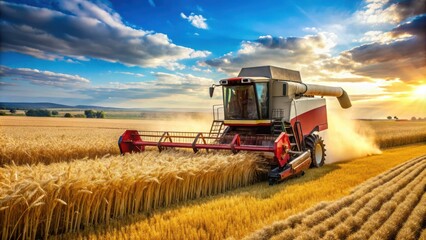 Obraz premium Combine harvester machine threshing grains in a golden wheat field, agriculture, farming, rural, crop, machinery