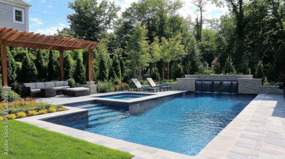 Poster l-shaped pool design with built-in water features and a pergola-shaded lounging area, surrounded by 