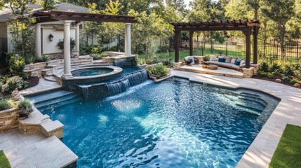 L-shaped pool design with built-in water features and a pergola-shaded lounging area, surrounded by manicured landscaping.