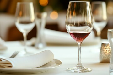 A glass of red wine on a table set for dinner.