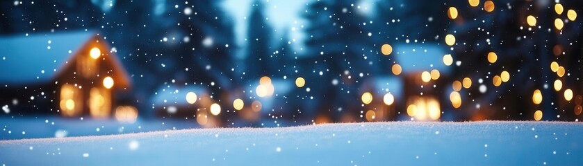 Fototapeta premium Cozy vintage Christmas village blanketed in snow, warm golden lights from cottage windows, soft snowfall, wideangle view, nostalgic holiday postcard style, peaceful winter night