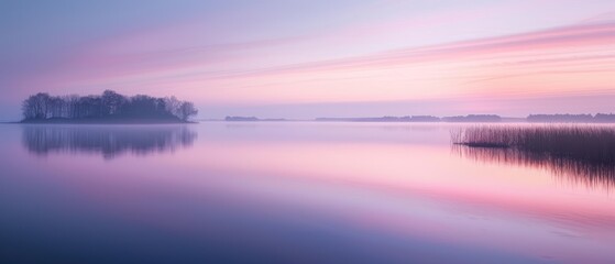 Obraz premium Serene Dawn Over Calm Lake with Soft Pastel Skies