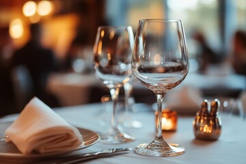 Two empty wine glasses stand on a white tablecloth with a plate and napkin.