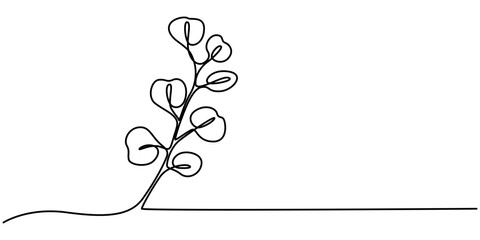 Set of Eucalyptus branches in modern single line art style. Continuous line drawing, aesthetic contour for home decor, posters, wall art, packaging. Floral logo Vector Eucalyptus branch in line art