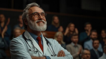 Senior doctor receiving a standing ovation at their retirement party, symbolizing admiration and respect from colleagues Standing ovation, Doctor retirement tribute
