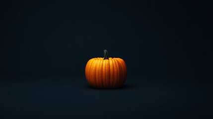 A single, perfectly formed pumpkin sits in the center of a dark blue background. It is the only source of color in the image.