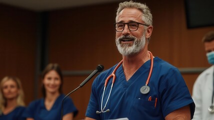 Retiring doctor making a farewell speech to colleagues at a retirement party, surrounded by medical team members Retirement speech, Doctor farewell celebration