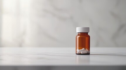 Close-up of a pill bottle placed on a white marble countertop with soft lighting and ample space for text focused on medication