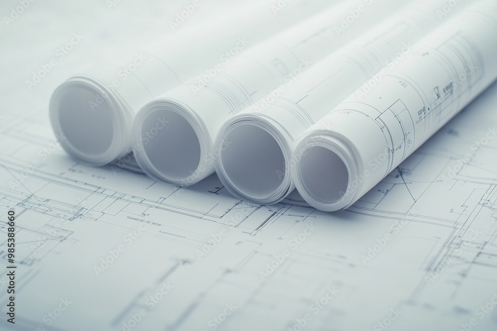 Poster Close-up of rolled-up blueprints on a table, with a blueprint visible in the background.