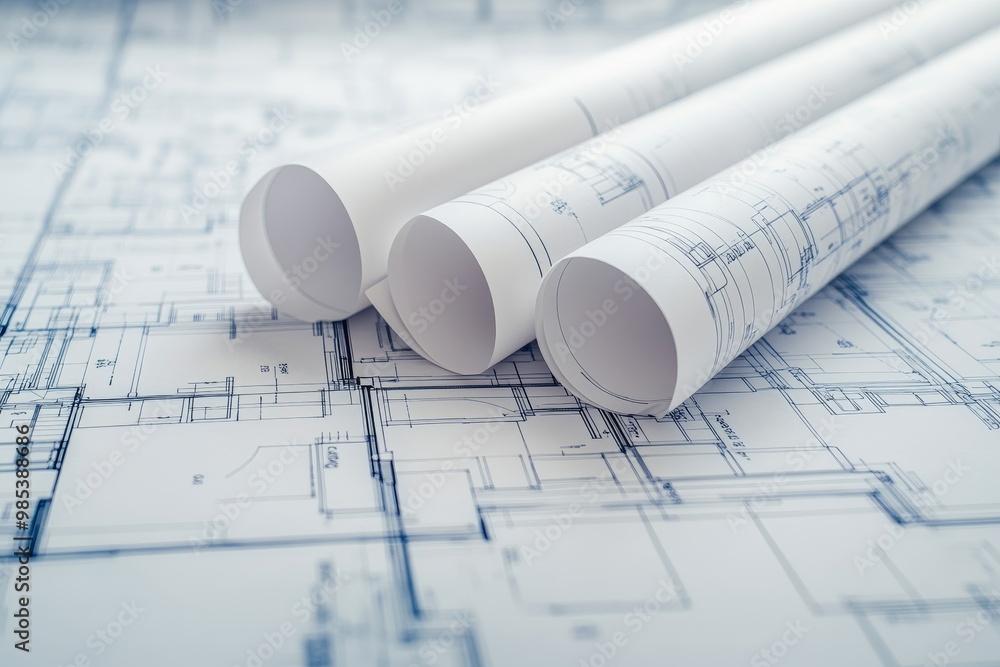 Poster rolled up blueprints with a floor plan design on white paper.