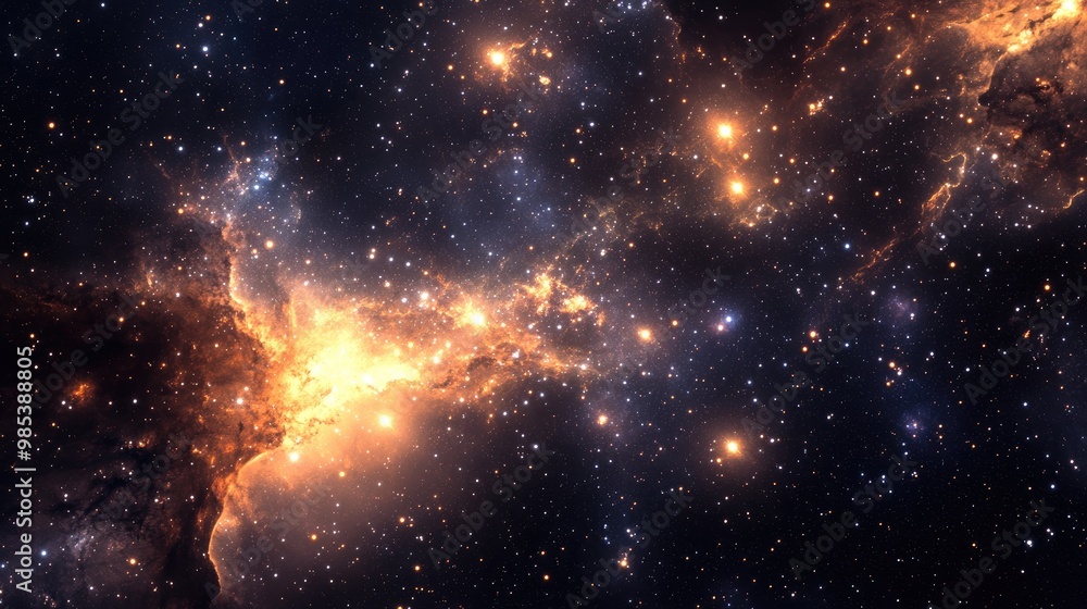 Poster a beautiful array of tiny stars shining softly in the night sky, set against a dynamic, realistic ba