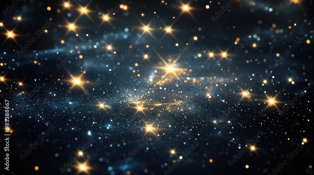 Poster a beautiful array of tiny stars shining softly in the night sky, set against a dynamic, realistic ba