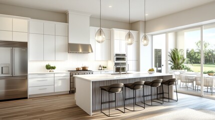 Modern kitchen with sleek white cabinets, stainless steel appliances, and a large center island with bar stools, under pendant lighting.