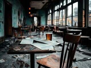 A deserted restaurant with overturned chairs and faded menus, symbolizing the aftermath of a failed business