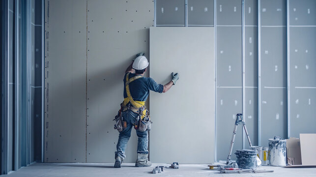 construction worker installing drywall in new building interior