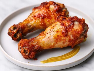 Deliciously crispy chicken drumsticks, golden brown and served on a plate with a drizzle of sauce for a mouthwatering treat.