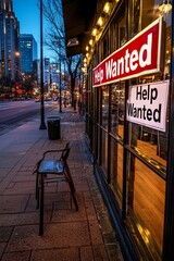 A deserted street with "Help Wanted" signs in empty storefront windows, symbolizing widespread unemployment in a struggling economy