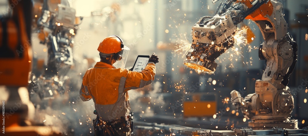 Poster a worker in a factory wearing a hardhat and safety glasses looks at a tablet while a robotic arm spa