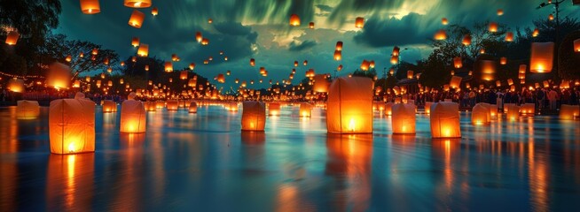 Obraz premium Serene Night with Lanterns Reflected in Water