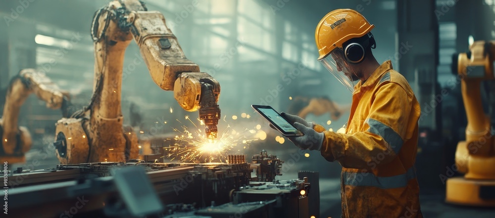 Poster a worker in a yellow jumpsuit and hardhat uses a tablet to monitor a robotic arm welding a metal pie