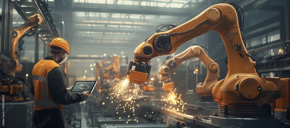 Poster industrial worker in a factory with robotic arms welding and sparks flying.