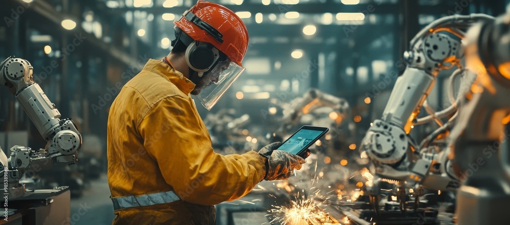 Poster a worker in a yellow jumpsuit and a safety helmet uses a tablet to monitor an industrial robotic arm