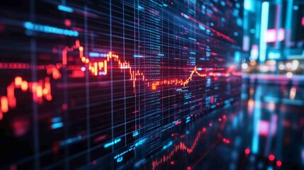 A vibrant digital visualization depicting stock market data with fluctuating lines and grids in red and blue colors, symbolizing financial trends.