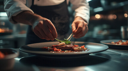 closeup of chef finishing a gourmet meal in a restaurant kitchen