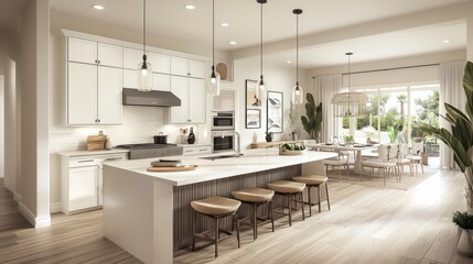 Open kitchen with a large island and breakfast bar, blending seamlessly into the living area, perfect for social gatherings