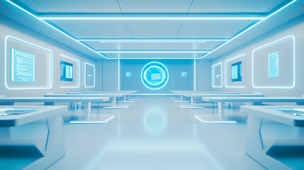 futuristic white classroom with neon lights and desks - abstract sci-fi interior design stock photo