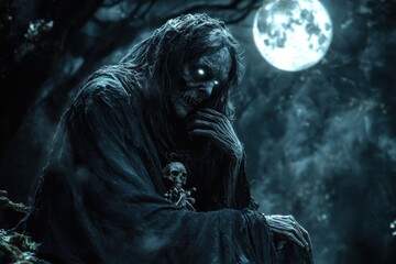 Obraz premium A creepy skeleton is sitting in the woods with a skull in his lap