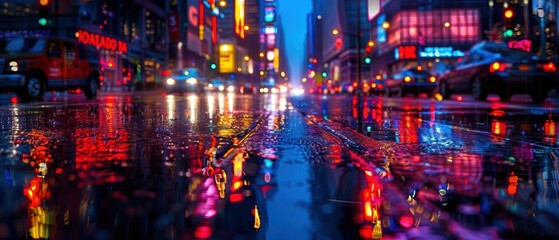 Obraz premium Vibrant City Lights Reflect on Rainy Street
