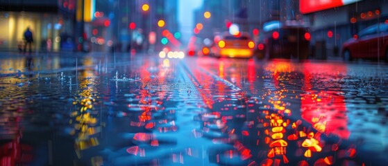 Rainy City Streets with Colorful Reflections at Night