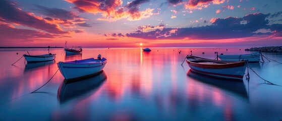 Serene Sunset Over Calm Waters with Colorful Boats