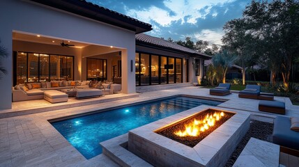Pool area with a sunken fire pit and built-in seating, surrounded by modern landscaping and outdoor lighting.